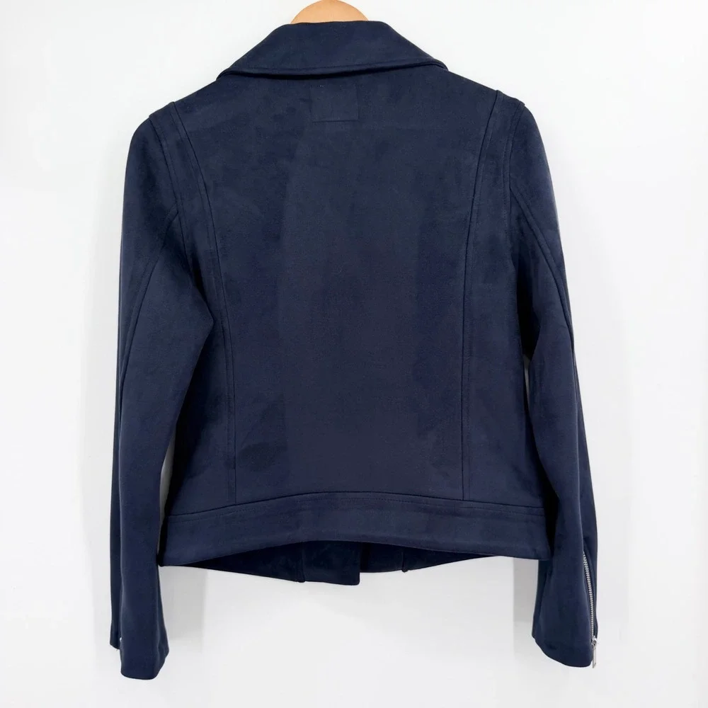 Old Navy Womens Navy Blue Faux Suede Moto Biker Jacket Small Asymmetrical Zip
